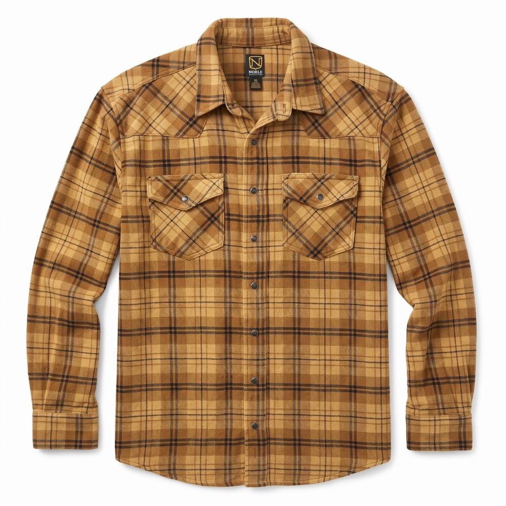 Noble Outfitters Flannel Shirt Mens Large Tan Brown Excellent Western Snap Plaid